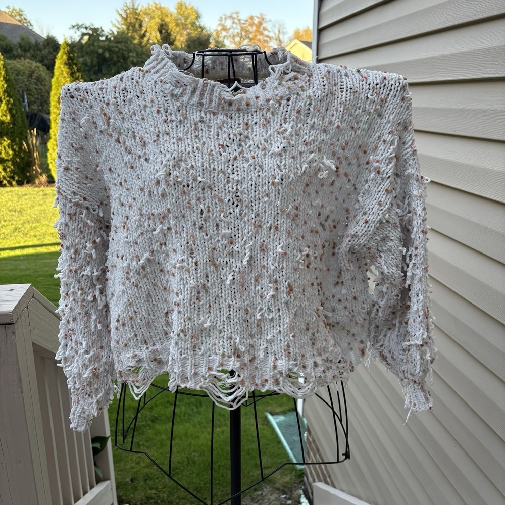 P.O.L. Distressed‎ Chunky Knit Sweater Cream Speckled Frayed Hem Boho L EUC